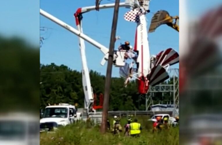 طيار يتدلى بطائرته من أسلاك طاقة بعد تعرضه لحادث.. شاهد عملية إنقاذه