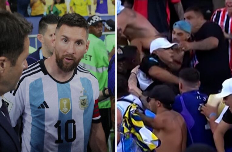 شاهد.. شجار عنيف بين مشجعي البرازيل والأرجنتين وسط غضب ميسي من الشرطة